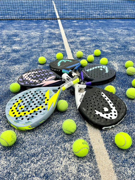 Stock placeholder: padel rackets and balls on a court